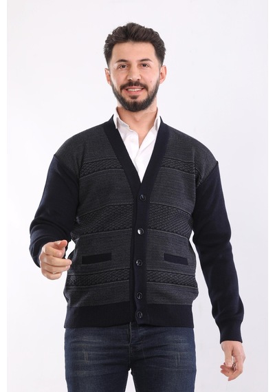 Kzctekstil Erkek Baba Triko Örgü Çift Cepli Akrilik Klasik Fit Düğmeli Hırka Lacivert