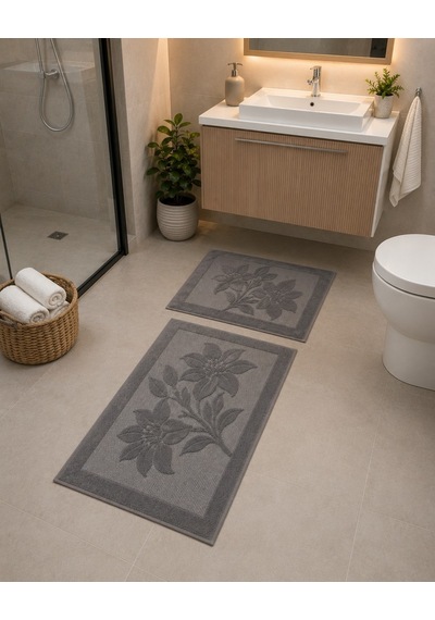 Kabartma Çiçek Desenli 2 Li Banyo Paspas Seti Yumuşak Dokulu Modern Banyo Halısı Antrasit