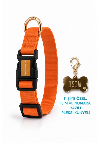 Caramelos İsimli Köpek Tasması, Ayarlanabilir Yavru, Mini, Orta Ve Büyük Irk Köpek Tasması, Turuncu