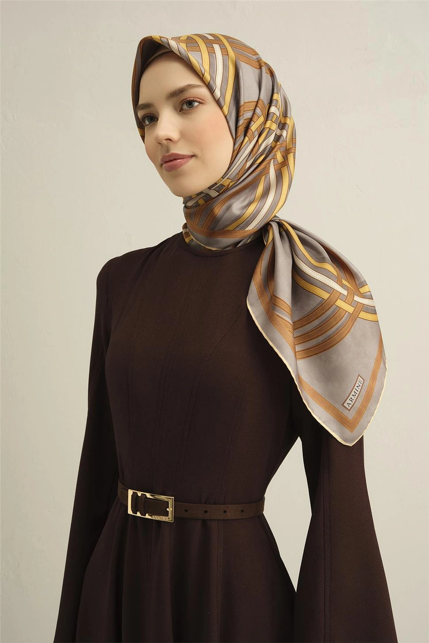 Armine Klasik Desenli Saf İpek Twill Eşarp 9333d 32 Sarı