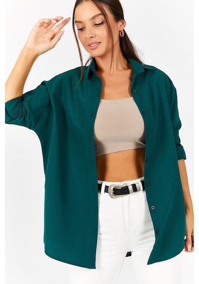 Armonika Kadın Koyu Yeşil Oversize Uzun Basic Gömlek Arm-22y001118