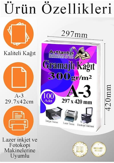 A3 Gramajlı Fotokopi Kağıdı 100 Adet 300 Gr Sertifika Kağıdı Kalın Kağıt Baskı Tüm Yazıcılara Uyumlu 29.7x42cm Ofis Büro