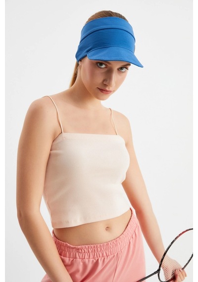 Butikgiz Kadın Uv Korumalı Katlanabilir Üstü Açık Yumuşak Siperli %100 Pamuklu Penye Tenis Vizör Şapka İ Ndigo