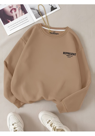 Startmore Kahverengi Unisex Erkek/kadın Renkli Represent Özel Baskılı Oversize Pamuklu Bisiklet Yaka