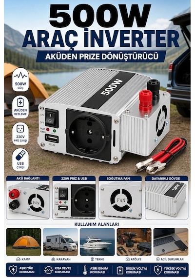 500w 12v Akü İnverteri 220v Ac Çıkışlı Usb Portlu Fanlı Güç Dönüştürücü Araç Karavan Kullanımı