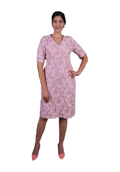 Nidya Moda Büyük Beden Kadın Pembe Dantel Elbise-4161P Pembe