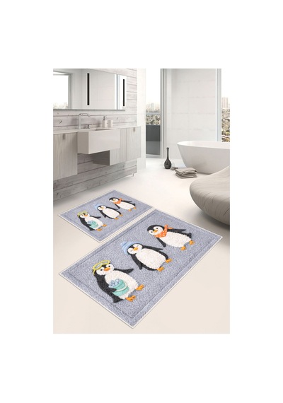 Penguen Desenli Dijital Baskılı Yıkanabilir 2li Banyo Paspası 50x60-60x100 Gri