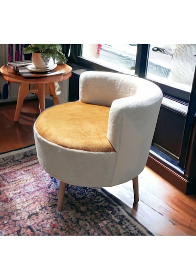 Çay Seti Tekli Koltuk, Berjer Salon, Balkon, Ofis Krem Berjer Beyaz Üst Sarı