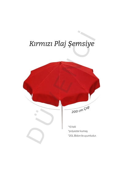 Kırmızı Plaj Şemsiyesi 200 Cm Çap /10 Telli, Polyester Kumaş Kırmızı