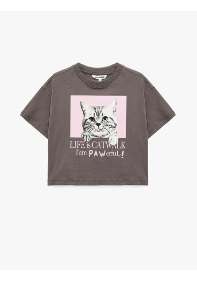Koton Kedi Baskılı Antrasit Kız Çocuk T-shirt 6skg10105ak Antrasit