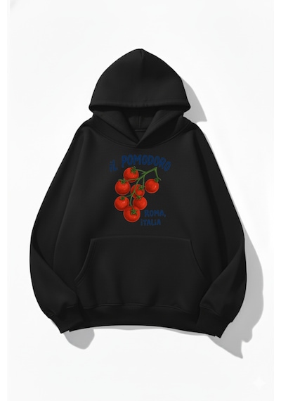 Uyguntarz Unisex Yumuşak Dokulu İl Pomodoro Roma Italia Baskılı Tasarım Oversize 3 İplik Hoodie Sweatshirt siyah