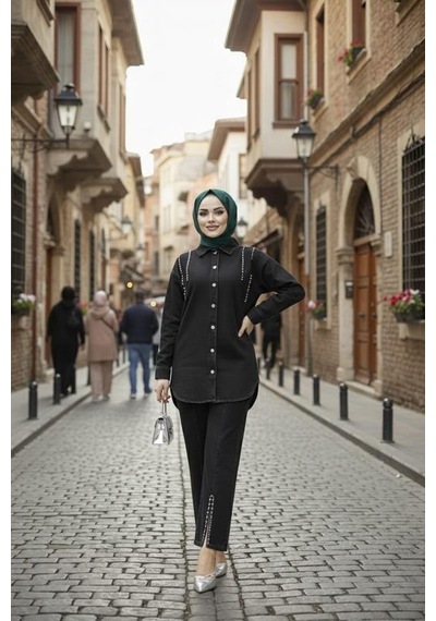 Hb Harma Time Butik Kadın Kot Ceket Pantolon İkili Kot Siyah Takım