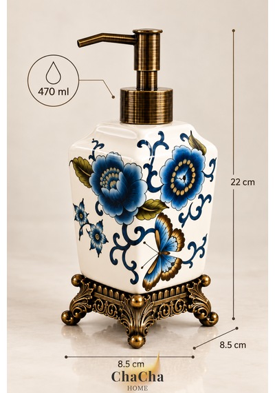 Chacha Home Aurelia Seramik Sıvı Sabunluk 470 Ml Antik Bronz Görünümlü Ayaklı Ve Pompalı 22 Cm Mavi