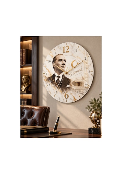 Atatürk Temalı 45 Cm Ahşap Sessiz Akar Mekanizmalı Uv Baskılı Dekoratif Duvar Saati Hediyelik 1101 Çok Renkli