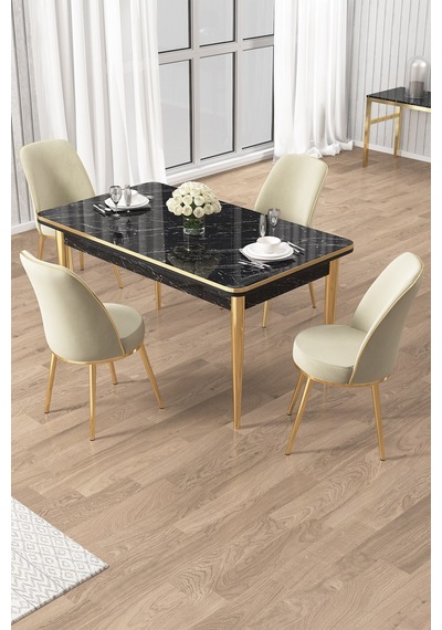 Canisa Rewa Serisi 70x110 Sabit Siyah Mermer Desen Gold Detay Masa Takımı Ve 4 Krem Sandalye Masa Siyah Mermer Sandalye Krem Gold Ayak Canisa Rewa Serisi 70x110 Sabit Siyah Mermer Desen Gold Detay Masa Takımı Ve 4 Krem Sandalye Masa Siyah Mermer Sandalye Krem Gold Ayak