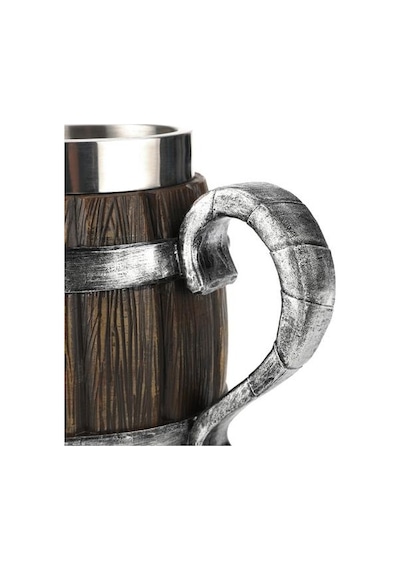 Ahşap Fıçı Görünümlü 380 Ml İçi Çelik Kupa Bardak - Viking Ve Orta Çağ Temalı Rustik Kupa