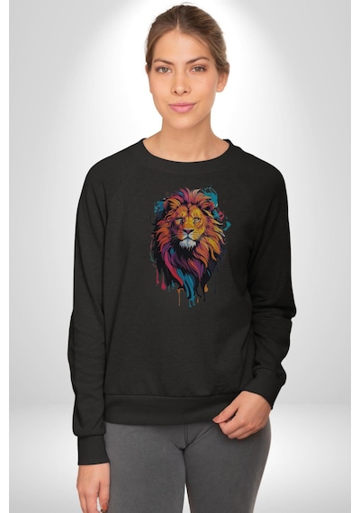 Renkli Yağlı Boya Aslan Unisex Siyah Baskılı Sweatshirt Siyah