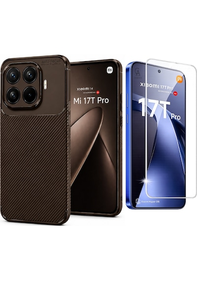 Xiaomi Mi 17t Pro İle Uyumlu Karbon Tasarım Silikon Telefon Kılıfı Ve Temperli Cam Ekran Koruyucu Kahverengi