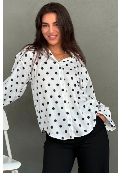 Madmext Beyaz Puantiyeli Saten Kadın Gömlek Mg2869