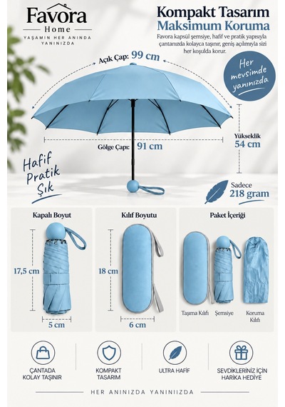 Favora Rainbox Kapsül Şemsiye - Kutulu Mini Katlanır Çanta Boy Şemsiye Buz Mavisi