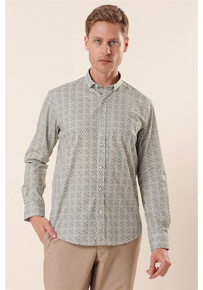 İmza Beyaz Uzun Kollu Baskılı Cepsiz Pamuklu Likralı Casual Slim Fit Dar Kesim Gömlek 1004230134-beyaz Beyaz