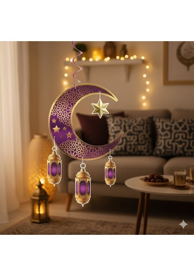 90x30 Cm Ramazan Süs Sarkıt - Ayyıldız Kandil Tavan Süsü Mor
