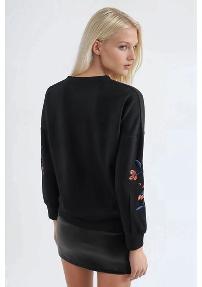 Fiolin Modal Dokulu İşlemeli Bisiklet Yaka Sweatshirt siyah