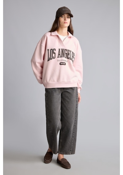 Defacto Regular Fıt Kaçık Yaka Baskılı Kalın Sweatshirt Kumaşı Sweatshirt I6215ax26wnpn38 Pembe-pn38