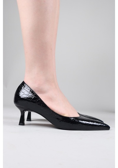 Birikon Belait Karnı Yarık Rugan Kroko Stiletto Siyah-8838