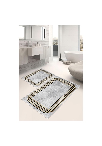Dijital Baskı Çerçeveli Kaymaz Taban 2li Set Banyo Paspası Klozet Takımı 50x60cm-60x100cm Gri