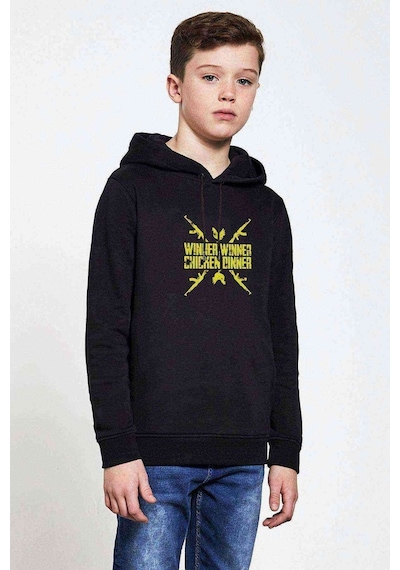 Tshirthane Winner Ak 47 Baskılı Unisex Çocuk Kapüşonlu Siyah Sweatshirt Siyah