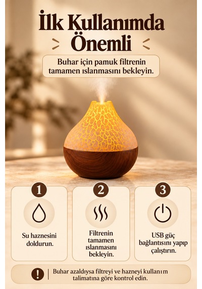 Hava Nemlendirici Buhar Makinası Led Işık Volkanik Alev Bambu Şık Tasarım