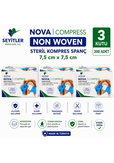 Seyitler Nova Nonwoven Kompres Steril 7,5cm X 7,5cm Spanç 100'lü Kutu - 3 Kutu