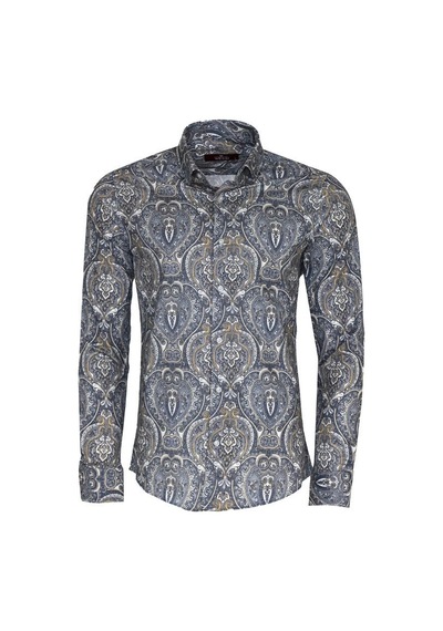 Damask Desenli Mavi Slim Fit Gömlek Lacivert