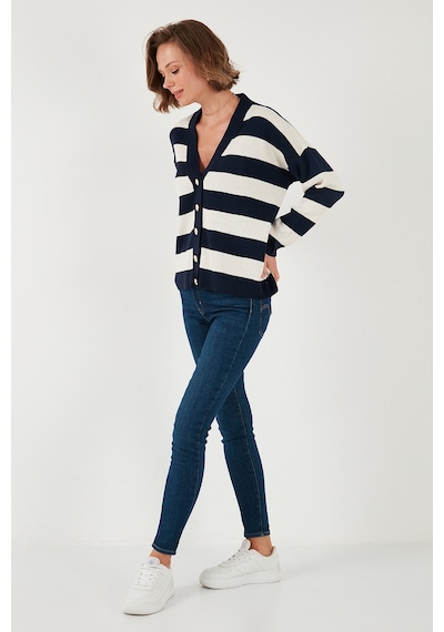 Lela Regular Fit Çizgili V Yaka Düğmeli Soft Akrilik Bayan Hırka 4615188 Lacivert-Taş