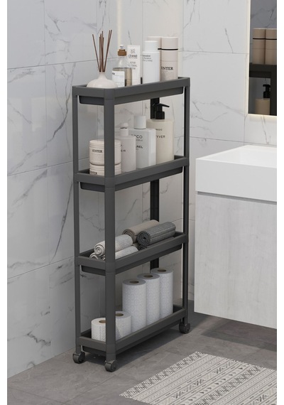 Mithra Life 4 Katlı Tekerlekli Slim İnce Siyah Banyo Mutfak Rafı Mıt1201
