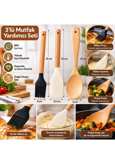 3 Lü Mutfak Gereçleri Seti Ahşap Saplı Silikon Fırça Spatula Kaşık Açık Ahşap