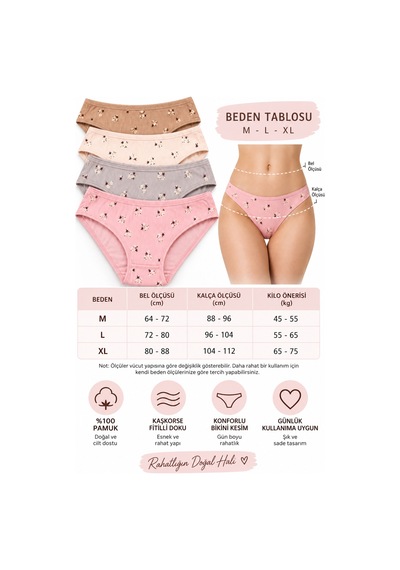 Westicgiyim Kadın Kaşkorse Fitilli Bikini Külot 4 Lü Paket %100 Pamuk Desenli Asorti Renk M-l-xl çok Renkli
