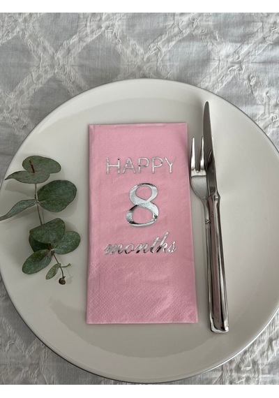 Gümüş Yaldızlı Pembe Happy 8 Yaş Months Garson Katlama Peçete 16 Adet
