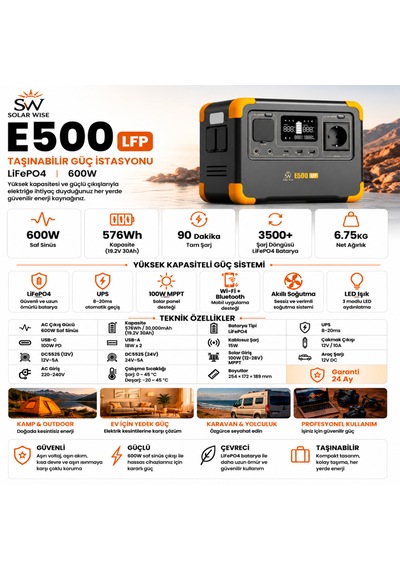 Solar Wise E500lfp 600w 576wh Lifepo4 Ups Destekli Wifi Bluetooth Kablosuz Şarj Taşınabilir Güç İstasyonu