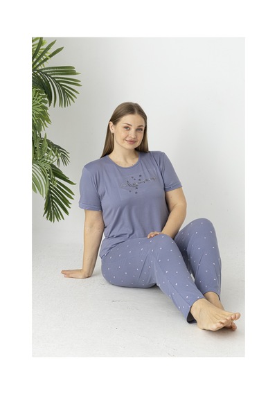 Estiva Kadın Puantiye Alt Desenli Kısa Kollu Soft Battal Pijama Takımı LİLA