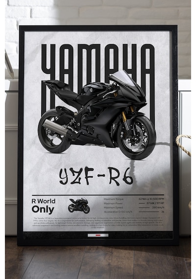 Yamaha Yzf-r6 Siyah Ahşap Çerçeveli Poster, Dekoratif Motosiklet Duvar Tablosu