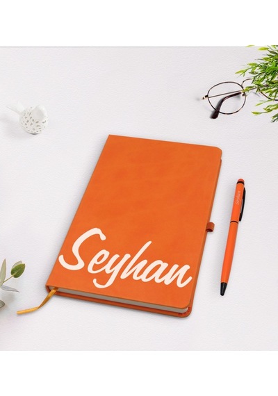 Bitmeyenkartus Kişiye Özel El Yazılı Turuncu Termo Deri Defter Kalem Seti Model (536102549)