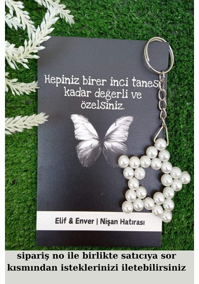 15 Adet Siyah Kelebek Kartlı İnci Anahtarlık - Nikah Hediyesi -