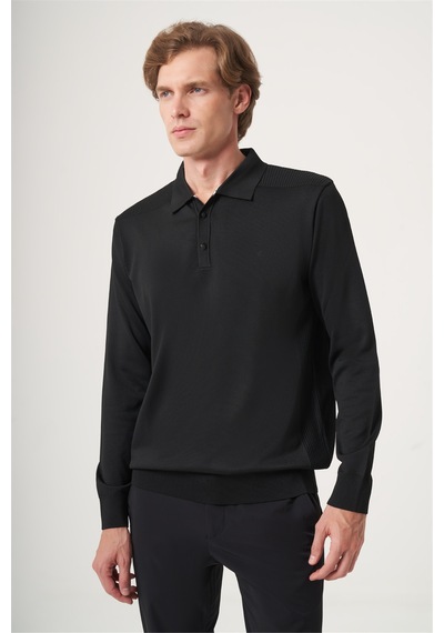 İmza Siyah Polo Yaka Uzun Kol Örme Comfort Fit Pamuklu Kazak 1012265159