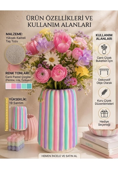 Mireva El Yapımı Beton Vazo, Pastel Çizgili, Maksimalist Modern Bohem Stil, 17 Cm Yükseklik, 10 Cm Genişlik, Pembe Diğer