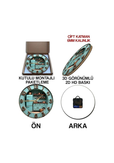 Retro Mutfak Temalı Çift Katmanlı Mdf Duvar Saati 33 Cm 3d Görünümlü 2d Hd Baskı Sdw361 Renkli