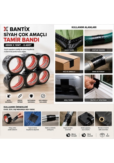 Hasbant Has-0082 Siyah Tekli Çadır Ve Tamir Bandı 48mm X 10m- 6'li Paket