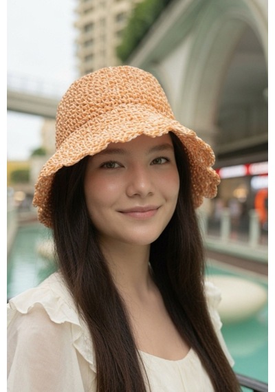 Mollycrush Kadın Turuncu Hasır İp El Örmesi Bucket Şapka Plaj Trend Tasarım Turuncu
