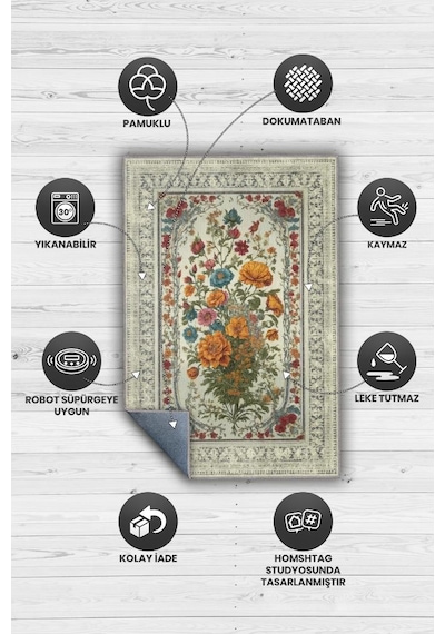 Homshtag Art Deco Kır Çiçeği Vintage Halı Görünümlü Dijital Baskı Renkli Halı Rustik Çiçekli Halı Çok Renkli